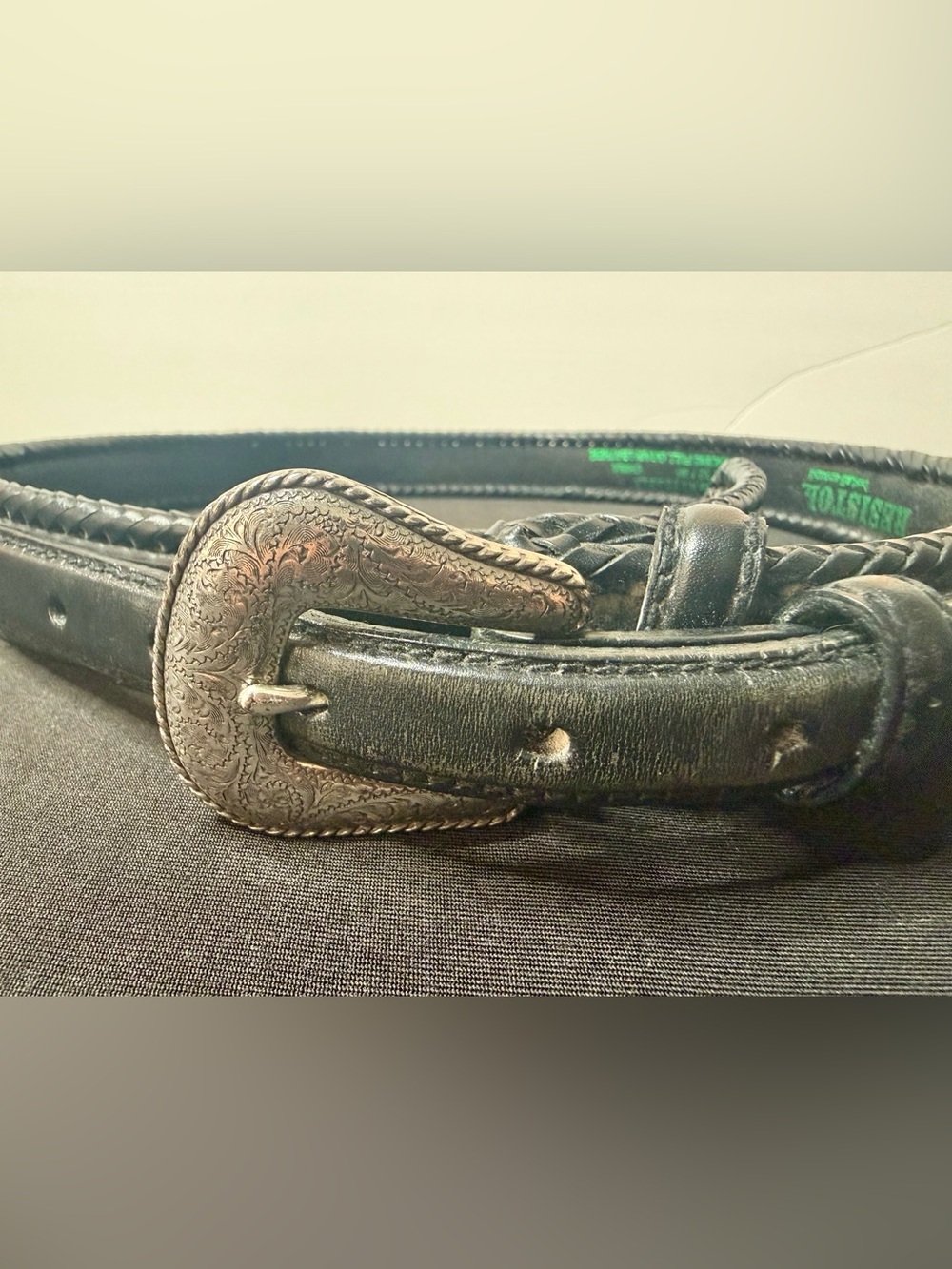 1990’s Women's Resistol Black Leather Belt with Engraved Silver Buckle